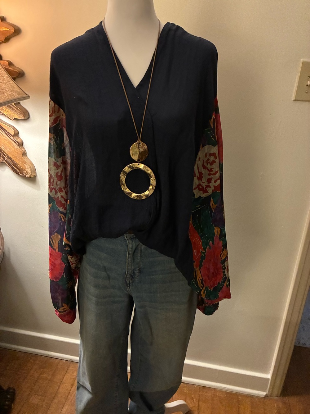 Umgee Boho Navy Wrap Blouse with Multicolor Floral Balloon Sleeves
